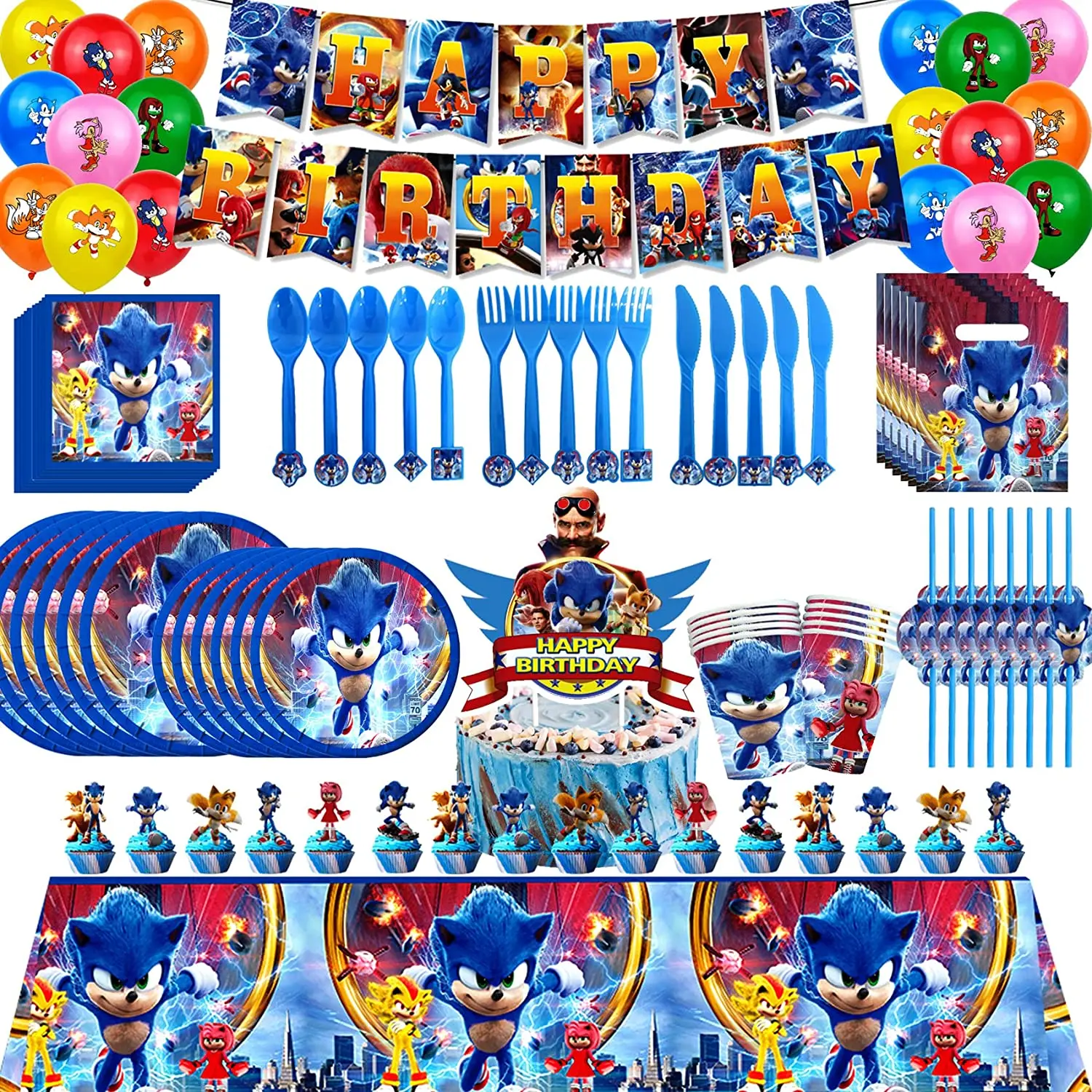 New Cartoon Soniced Party Supplies Boys Birthday Party Disposable Tableware Set Paper Plate Cup Napkins Baby Shower Decorations