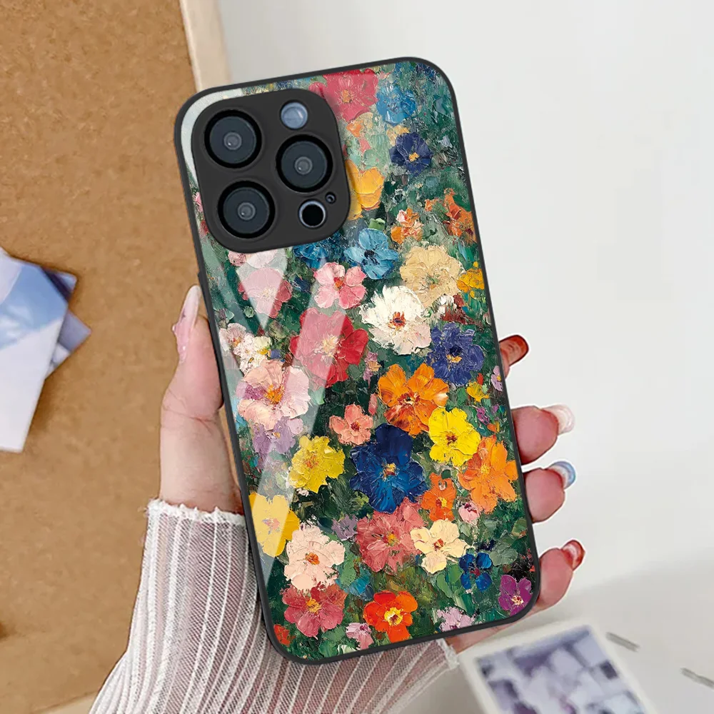 

Oil Painting Flower Phone Case For iPhone 17 Case iPhone 16 15 13 14 11 12 Pro Max Air 16E XR SE 8 7 Plus Tempered Glass Cover