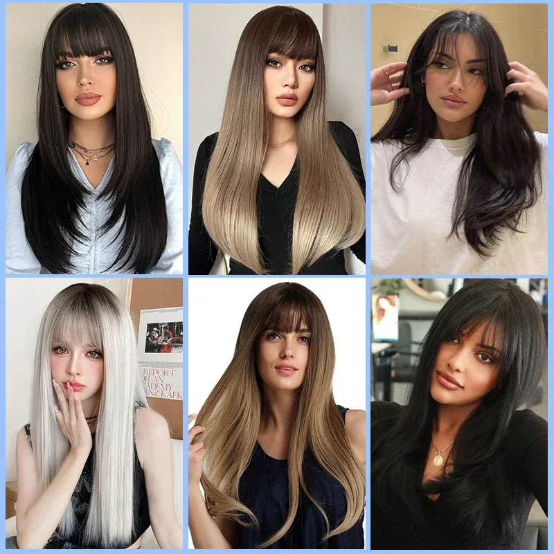 White Layered Wigs for Women Long Natural Straight Wig with Bangs Black Synthetic Heat Resistant Fake Hair Cosplay Wig Lolita