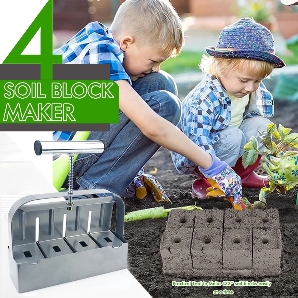 4 Cell Soil Block Maker | Metal Soil Blocking Tool | Ergonomic Handle for Seed Starting & Garden Transplanting