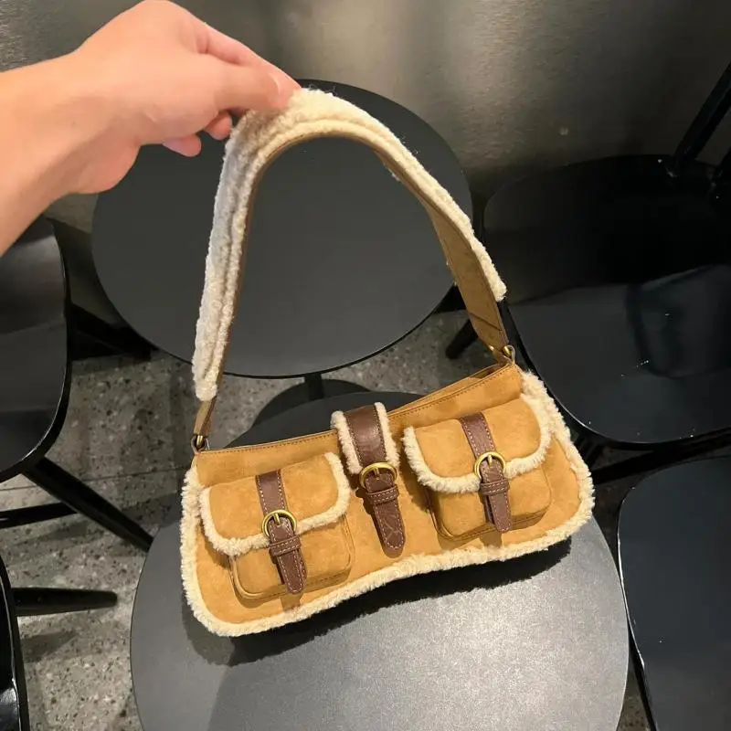 

JIAERDI Women's Retro Lamb Patchwork Shoulder Bag Brown Vintage Chic Y2k Handbag Casual Underarm Bag for Hot Girls 2025