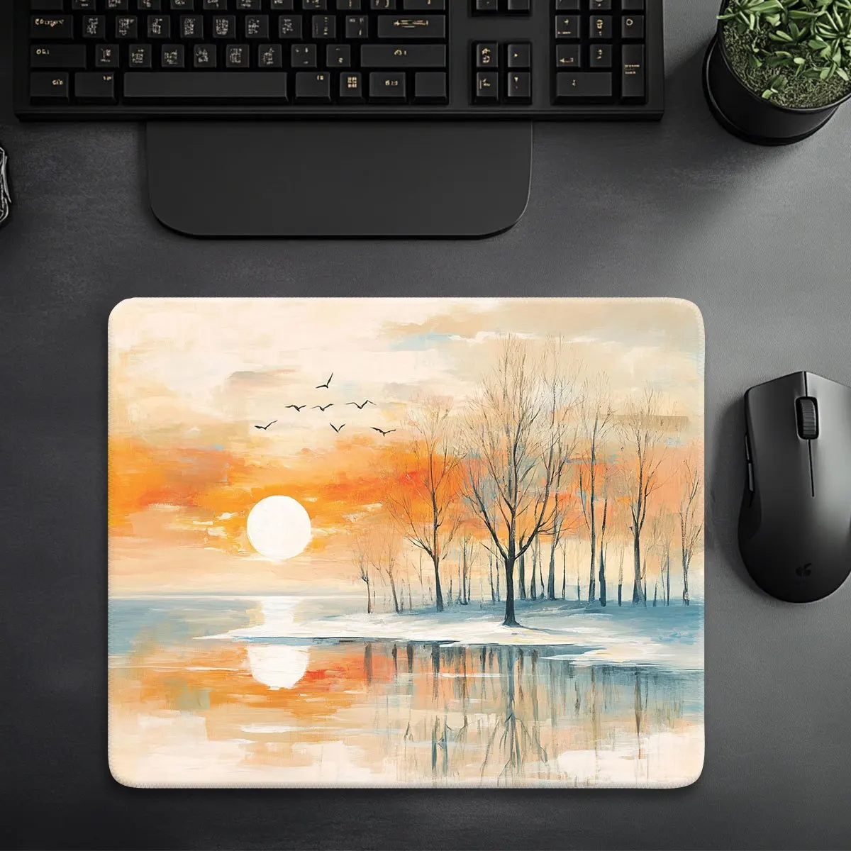 

Противоскользящая резиновая основа игрового коврика для мыши с осенними пейзажами и дизайном заката ледяного озера подходит как для использования вдома и в офис.