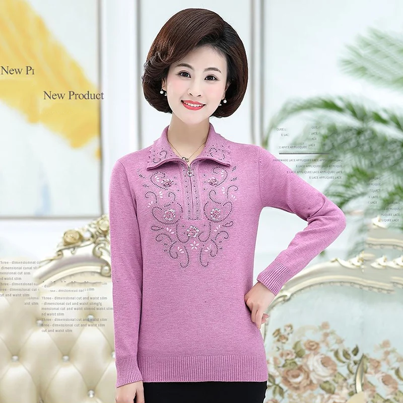 Middle-aged Women\'s Sweater Spring Autumn Long-sleeved Lapel Zipper Pullover Tops 4XL Lady Casual Knit Sweater