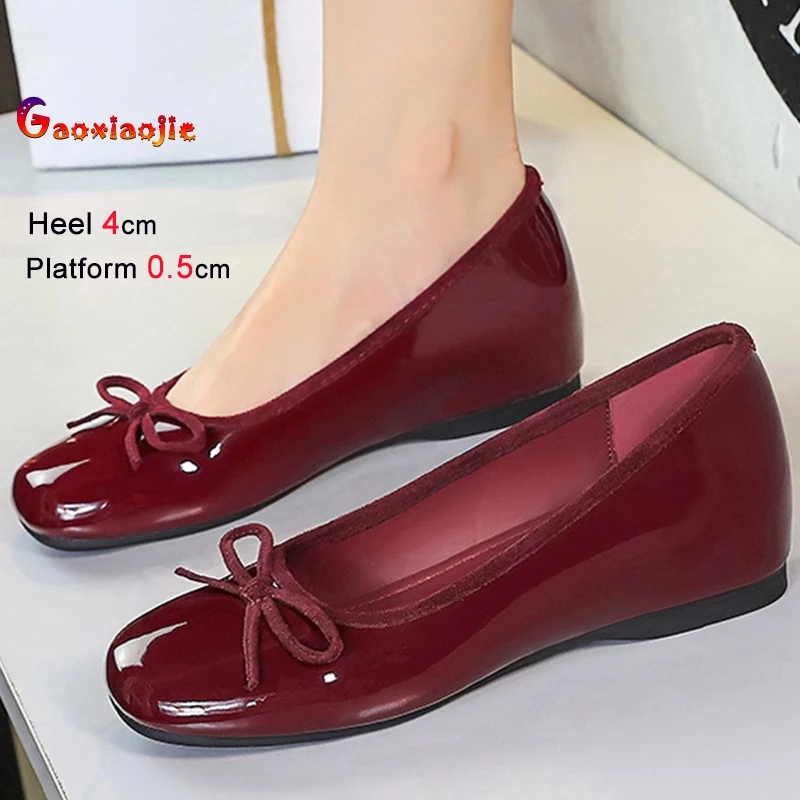 

Осенние новые милые винно-красные женские туфли с бантом, туфли на танкетке с круглым носком, женские туфли-лодочки из лакированной кожи 4 см, офисные туфли, женские лоферы