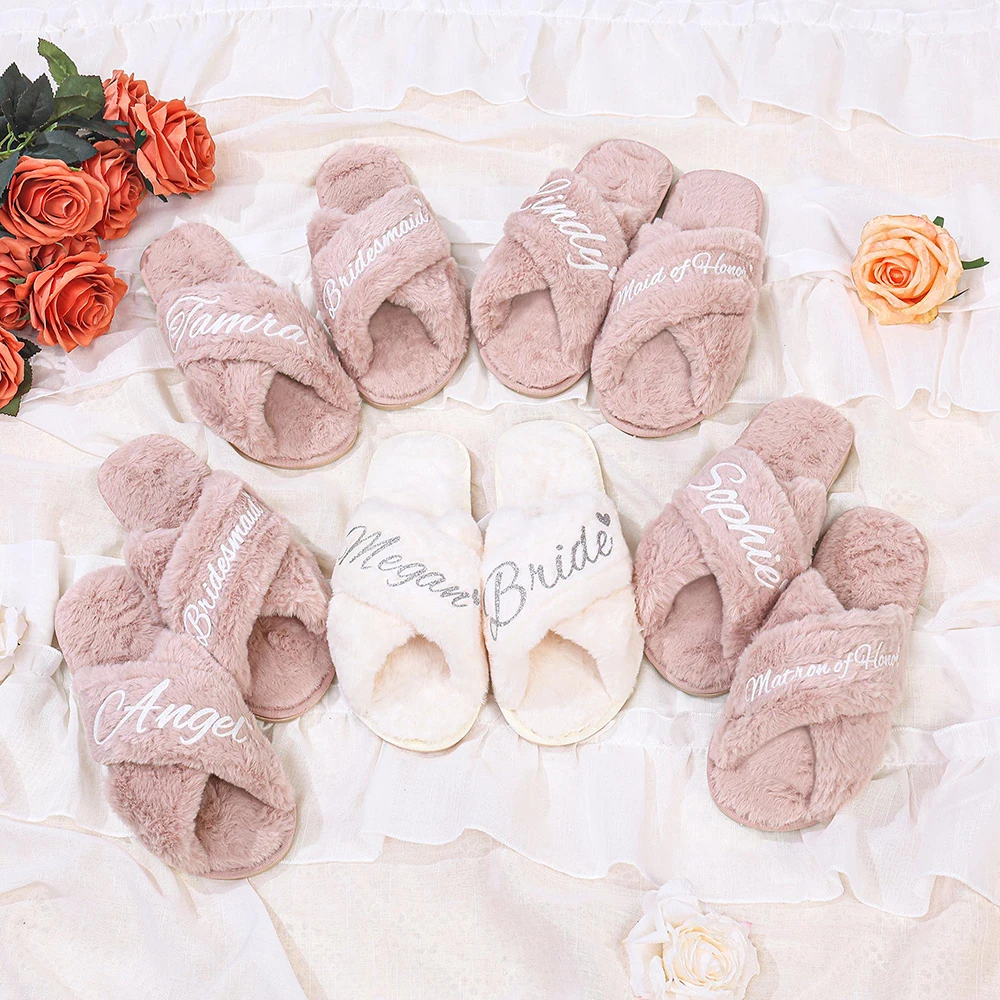 

Custom Wedding Party Guests Home Slip-on Letter Print Shoes, for Bride and Bachelorettes Bridal Party Cross Strap Slippers