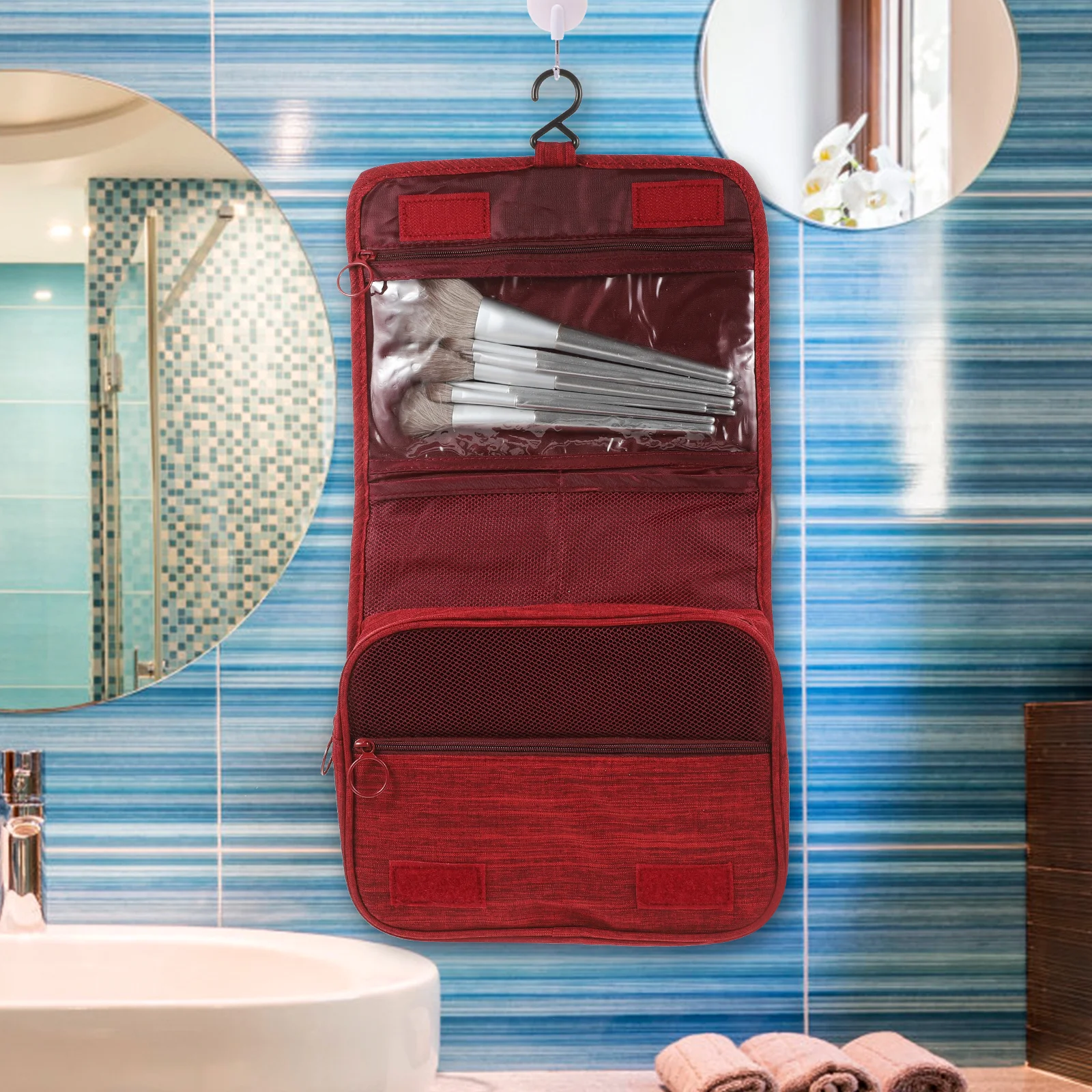Duża, składana kosmetyczka podróżna do zawieszenia na akcesoria toaletowe, organizer na kosmetyki i artykuły higieny osobistej, przenośny pojemnik na kosmetyki.