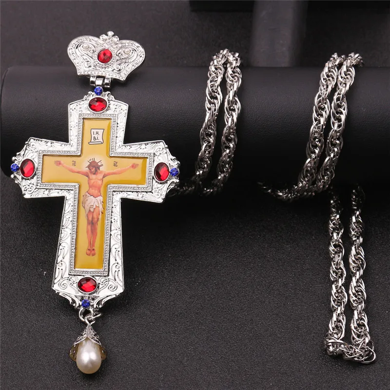 Pendant Necklace Gold Pectoral Cross Crucifix Clear Crystal for Virgin Mary Prayer Jesus Necklace Chain Religious Orthodox icon