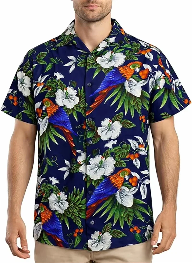 Birds Flamingo Parrot Hawaiian Shirts For Men 3D Printed Vacation Beach Shirt Trendy Short Sleeve Lapel Blouse Streetwear
