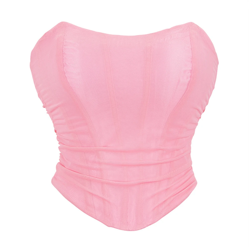 Sexy Women Corset Crop Tops gothic Mesh Breathable Elastic Strapless Vest Female Underwear Backless Bustier Top WHITE Pink