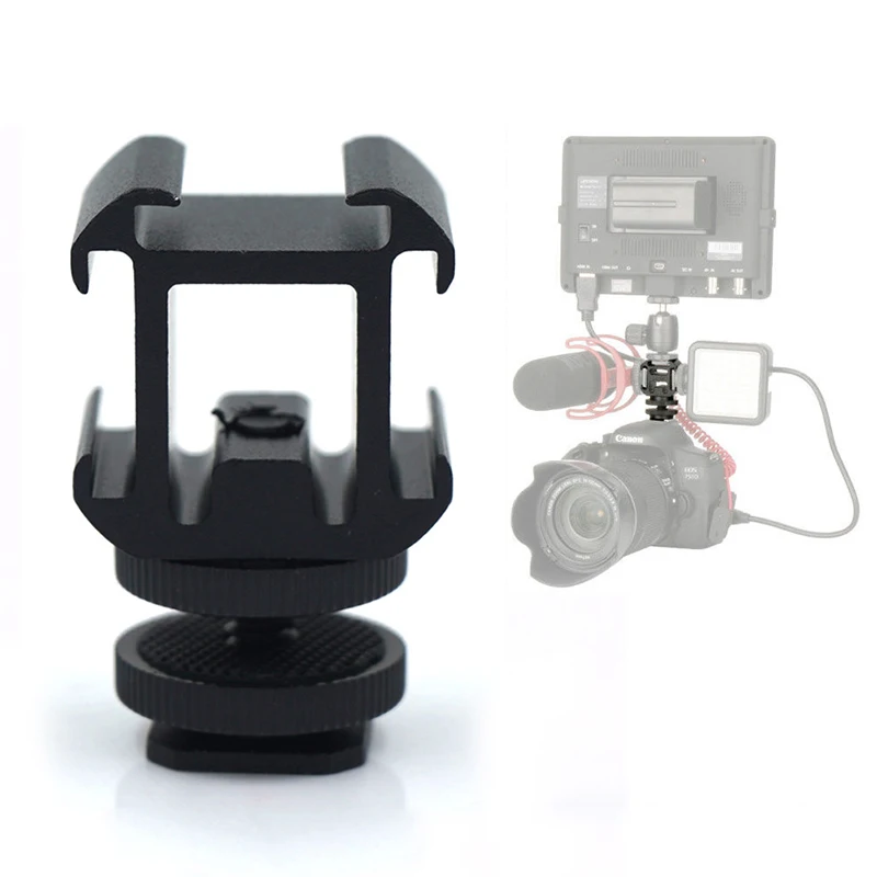 Camera Three-Head Hot Shoe Mount Adapter Dual Screws Bracket Holder for Camera LED Video Microphone Monitor Flash Light