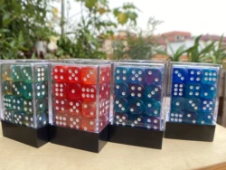 Acrylic 12mm 6 Sided D6 Double Color Glitter Round Corner Dice 36 Pcs Per Set In One Plastic Box Package For Boaed Game And Gift