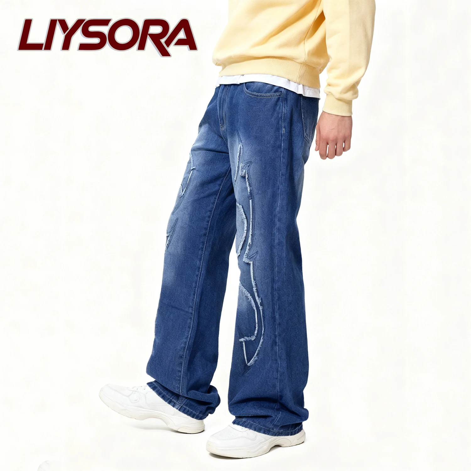 جديد الرجال الأمريكية الخريف فضفاضة المناسب مستقيم الساق الجينز شارع العليا لصق الدنيم السراويل الشتاء المرقعة الجينز الهيب هوب بانت #3