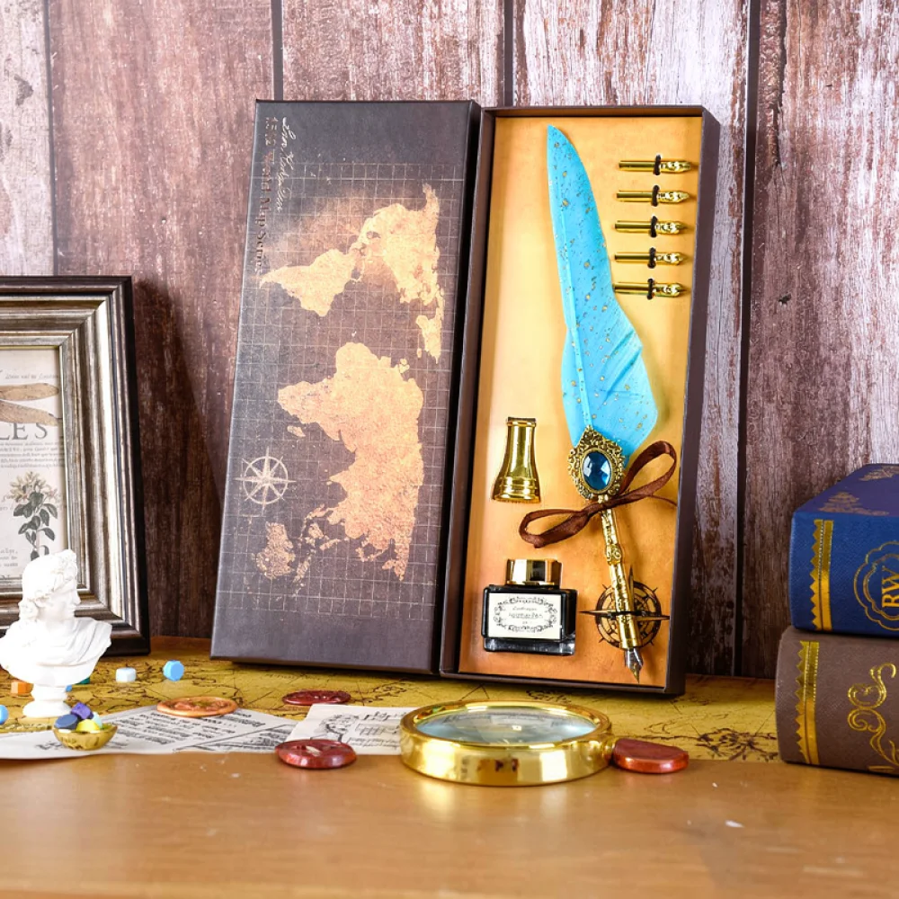 Retro Feather Quill Stationery Gift Set Antique Calligraphy Writing Instrument Luxury Brass Material Gift Box For Writing