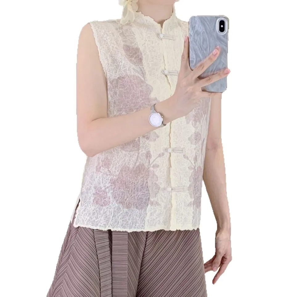 Miyake 2025 New Chinese Elegant Light Vest Women's Casual Classical National Style Button Printed Shirt Elegant Fashion Top