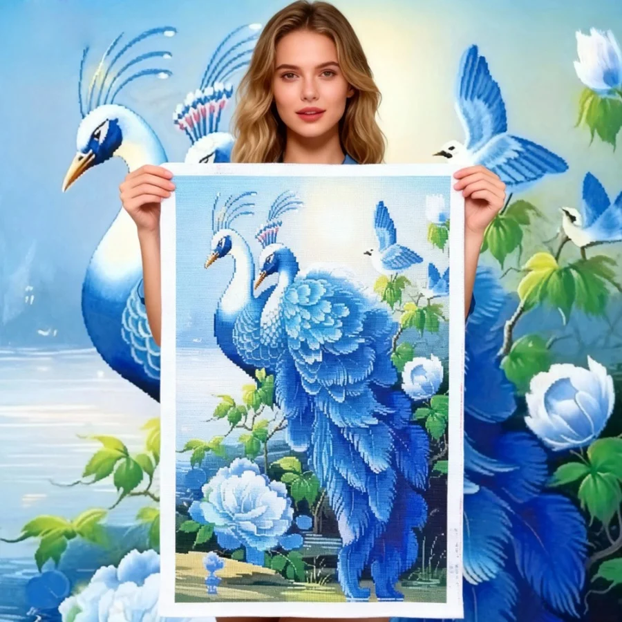 

2026 New style Full Embroidery New Peacock Animal Flower Thread Printed Cross Stitch Kit Art Gift Home Decoration