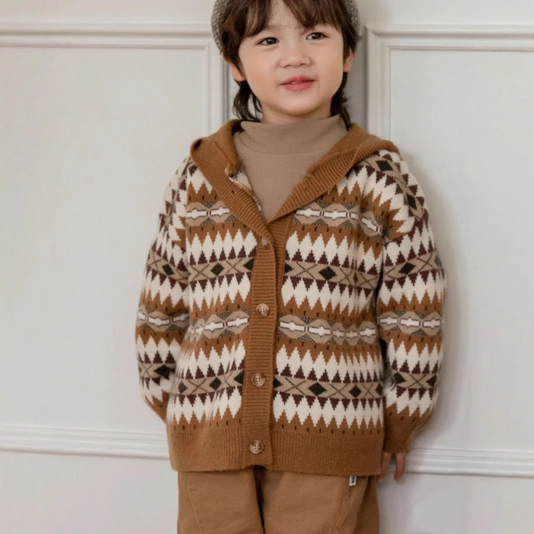 

Autumn new boy's and baby's sweater hooded cardigan 2025 children's clothing diamond jacquard knitted sweater top