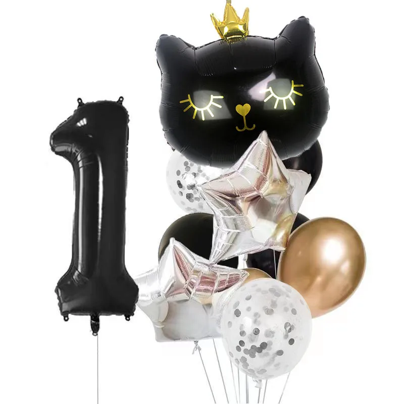 12pcs Cat Birthday Party Balloon Set Black Silver Number 0-9 Years Old Party Decoration Balloon Set Crown Cat Balloon Package