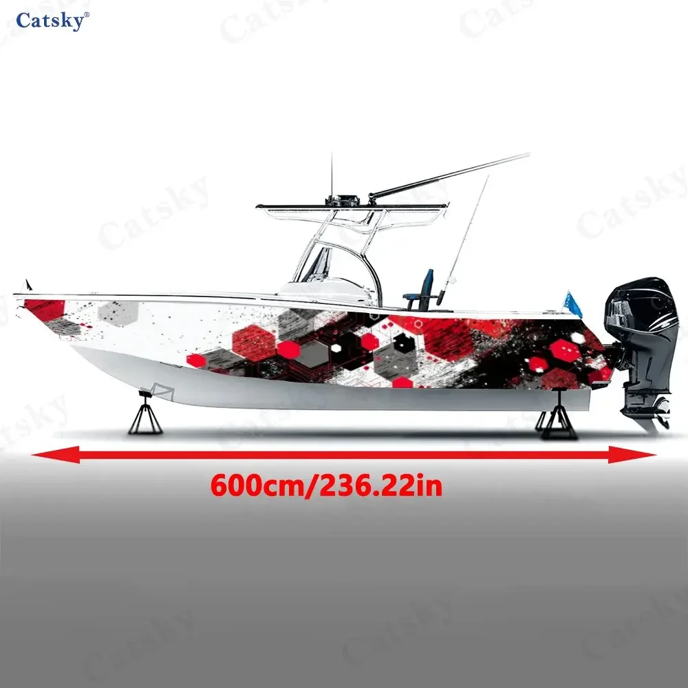 2Pcs Edgy Red & Black Hexagon Boat Wrap, Futuristic Tech Pattern Vinyl Decal, Sleek Geometric Graphic Sticker for Boat Exterior