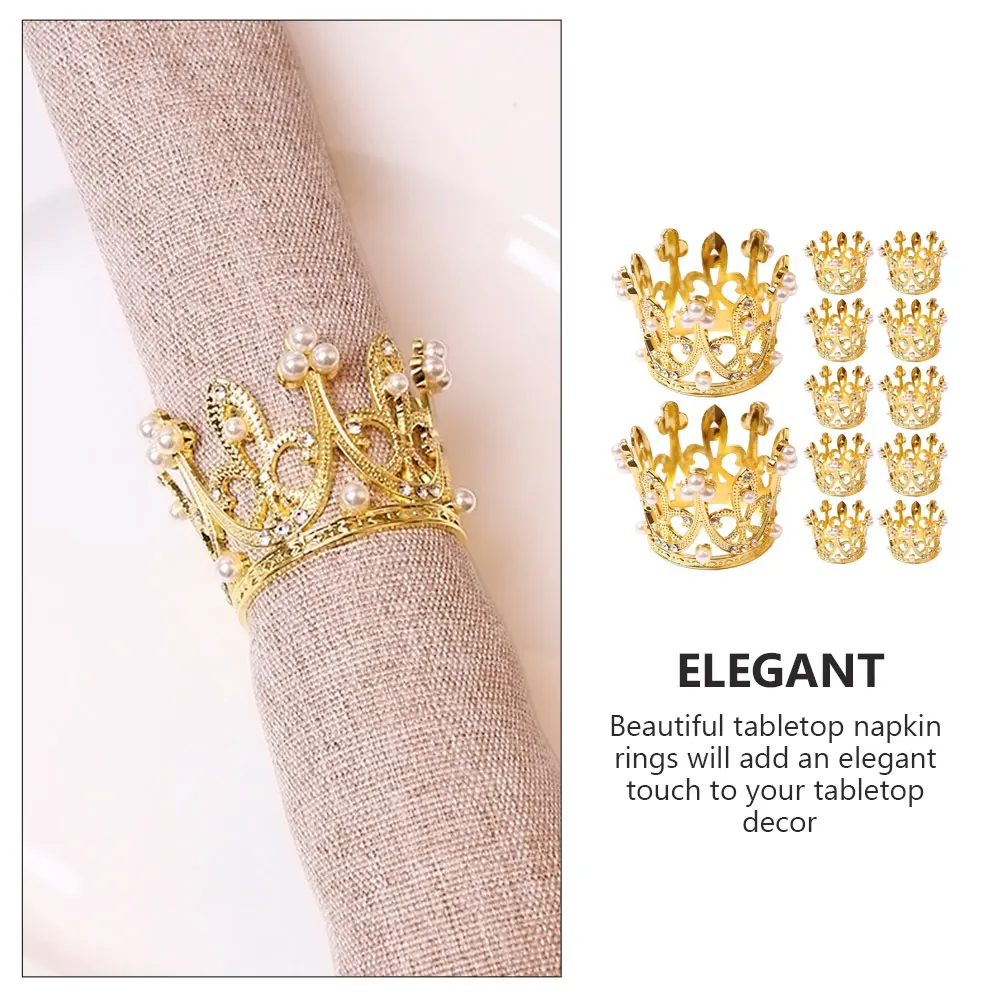 

12pcs Pearl Crown Rings Metal Napkin Holders Elegant Table Decor Wedding Party Valentine's Day Zinc Alloy Serviette Ring Dining