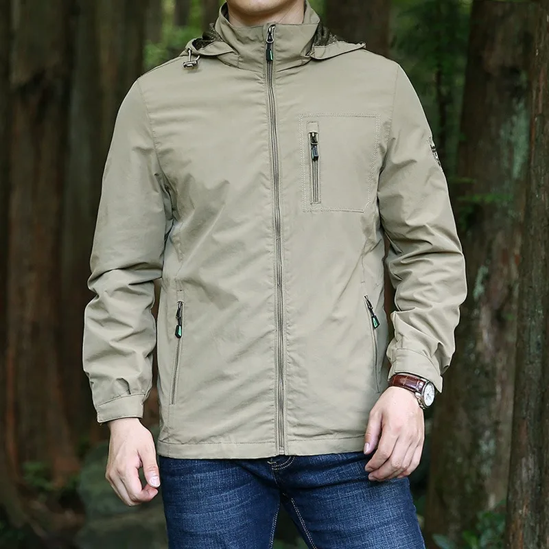 Spring and Autumn Thin Solid Color Embroidered Hooded Tooling Military Outdoor Leisure Travel Jacket Top Men's Jacket Jacket