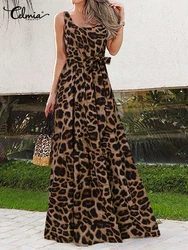 2023 Celmia Bohemian Summer Dress Women Leopard Print Long Robe Holiday Sleeveless Tank Dresses Casual Belted Maxi Vestido Mujer