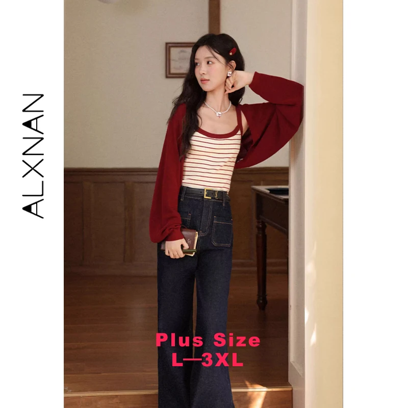 

Женский вязаный кардиган ALXNAN больших размеров, красный, осенний, 2026, винтажный, элегантный, с длинными рукавами, рукава «летучая мышь», D12316