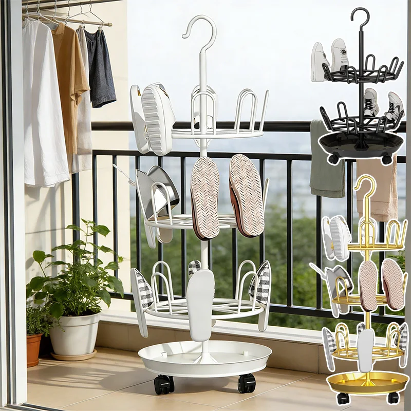 

1PC Multi-layer Rotating Shoe Drying Rack with Drainage Trays Floor Standing Shoe Organiser Space-Saving Balcony Storage Rack