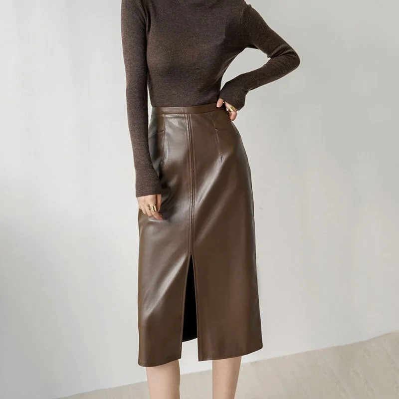 PU Leather Skirts for Women High Waist Fall Straight Elegant Split Midi Skirts Korean Style Oversized Coffee Streetwear Clothes