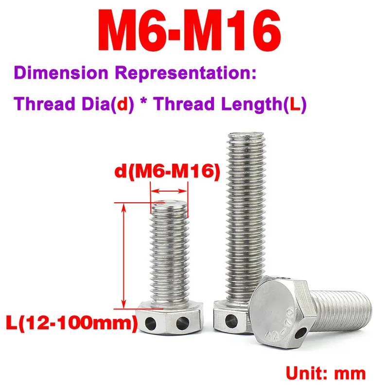 304 Stainless Steel External Hexagon Screw With Safety Hole For Lock Wire And Security M6 M8 M10 M12 M16