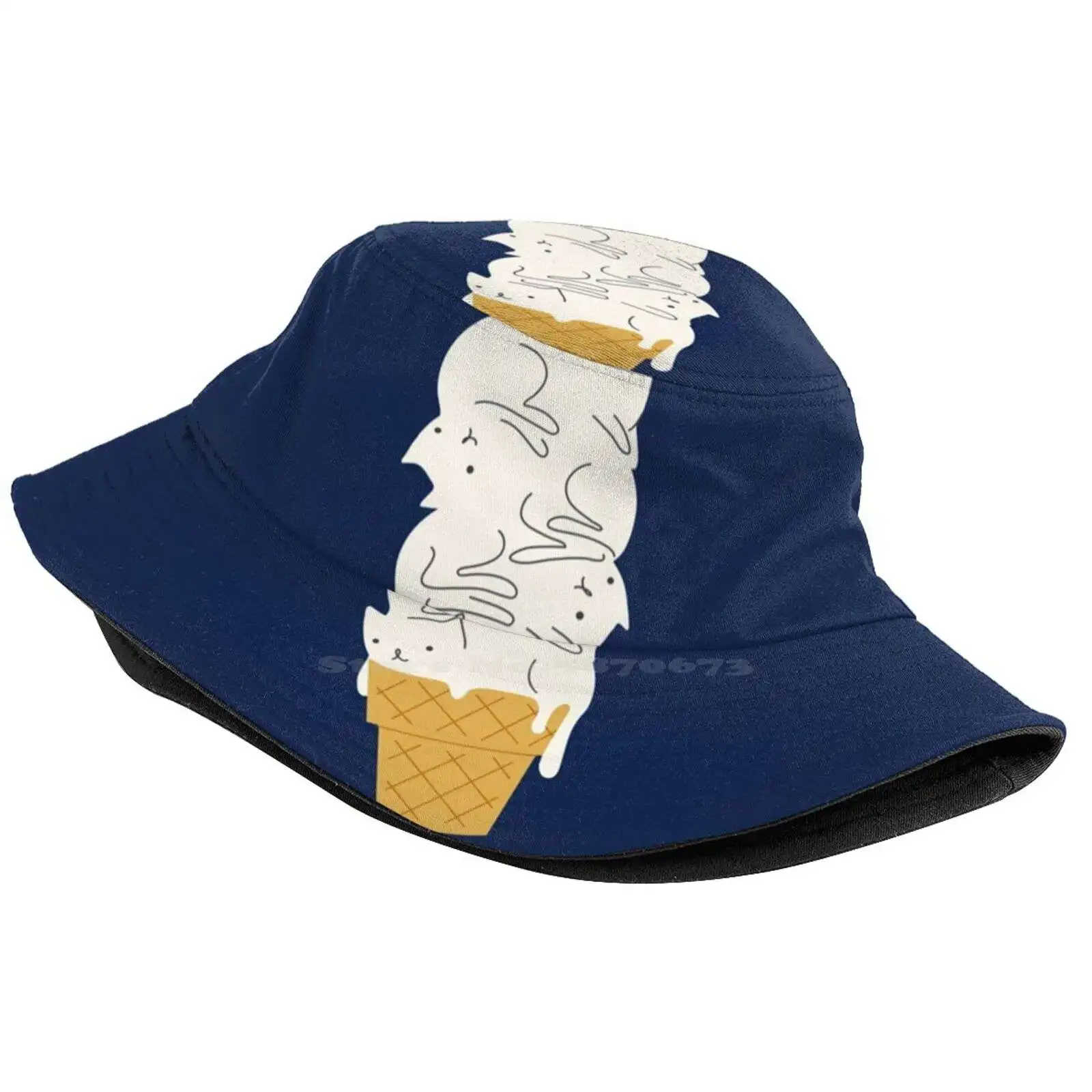 Cat Ice Cream Sun Cap Fisherman Hat Bucket Hats Ice Cream Cone Sweet Cat Art Cat Lover Love Cat Cut Cat Drawing Blue Vanilla