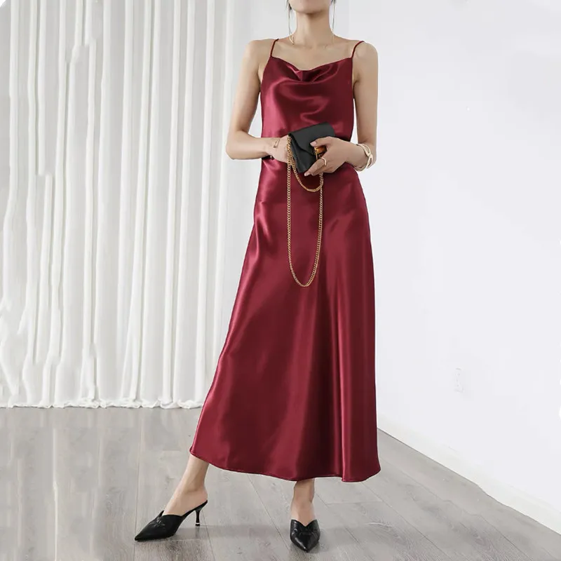 Neue Sommer Acetat Satin Kleid Frauen Party Abend Midi Spaghetti träger elegante lässige Luxus lange Satin Seide Kleider