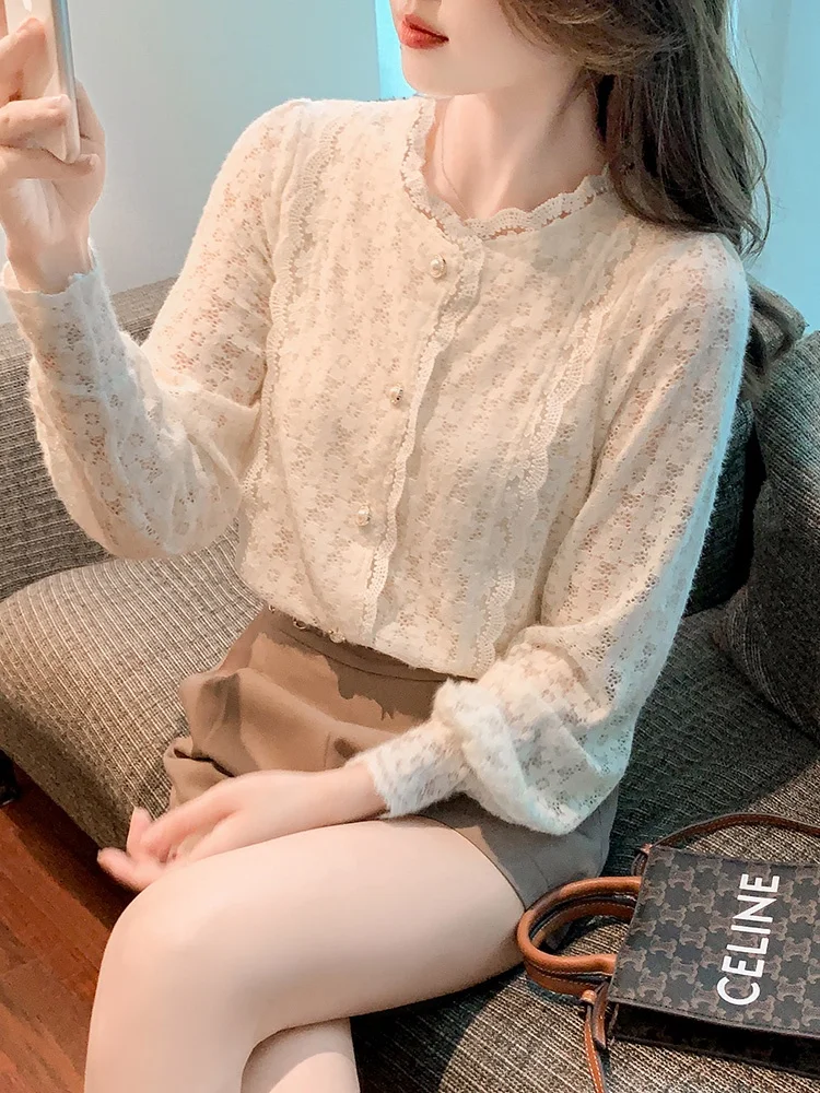 

Fleece Lined Lace Base Shirt Women's Spring Early Autumn New Style Warm Fashionable Inner Wear Korean Style Straight Cut Long...