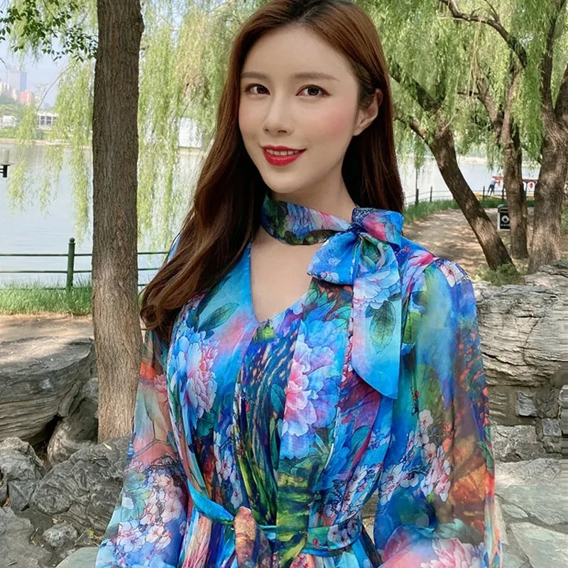 2024Elegant Slim Beach Dress Summer Women Oversize Printed Chiffon Dresses Female long sleeve Korean Evening Party Robe Vestidos