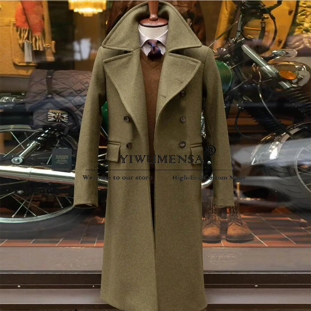 

Olive Green Men's Suit Jackets Tailored Tweed Woolen Blend Trench Coat Long Formal Business Prom Blazer Double Breasted Overcoat