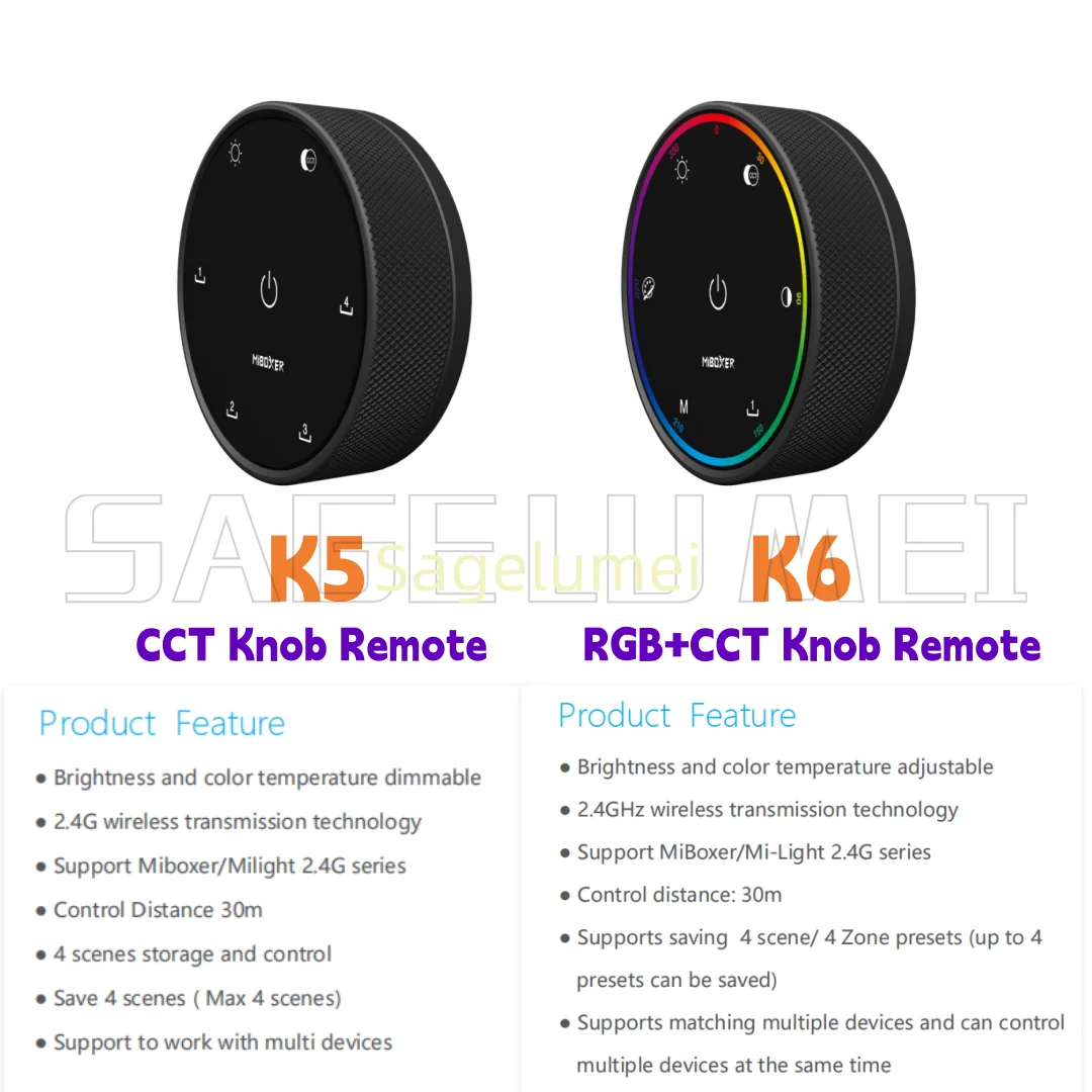 MiBoxer 4Scenes Rotating K6 RGB+CCT/K5 CCT Rotary Knob Remote Control 2.4G Wireless Controller Black Milight Adjustable dimmable