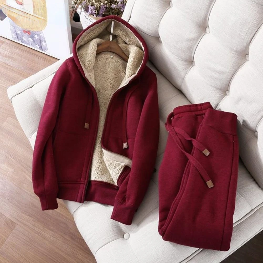 Women's Sweatshirt Pants Suit Long sleeve Fleece Thick Hoodie Coat Jogger Pants Two piece Set Autumn and Winter Warm Sportswear