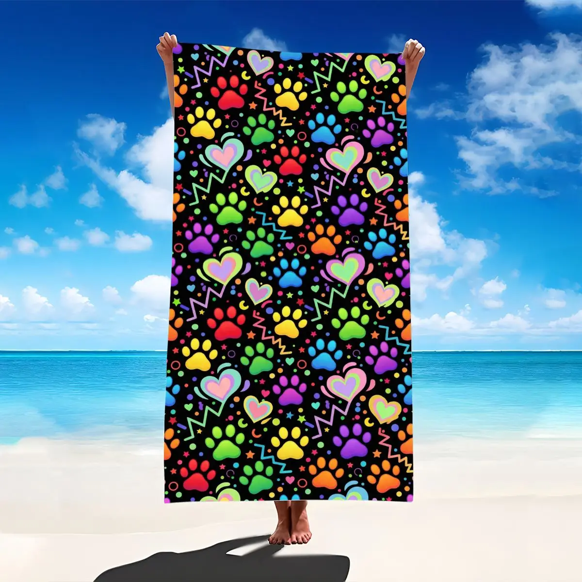 Rainbow Paw Print Beach Towel Colorful Heart Animal Track Print Fun Pattern Quick Dry Microfiber Bath Towel For Dog Lovers