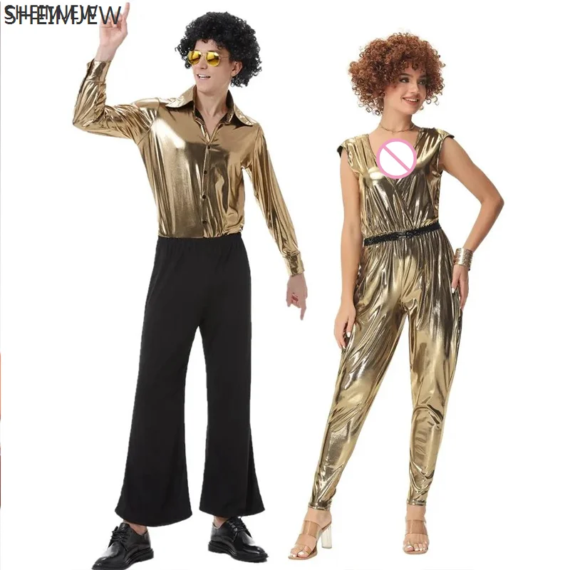 

2024 Halloween Costumes For Adult Retro 70s 80s 90s Hippie Fancy Dress Disco Golden Couple Costumes Nightclub Singer Dress Up