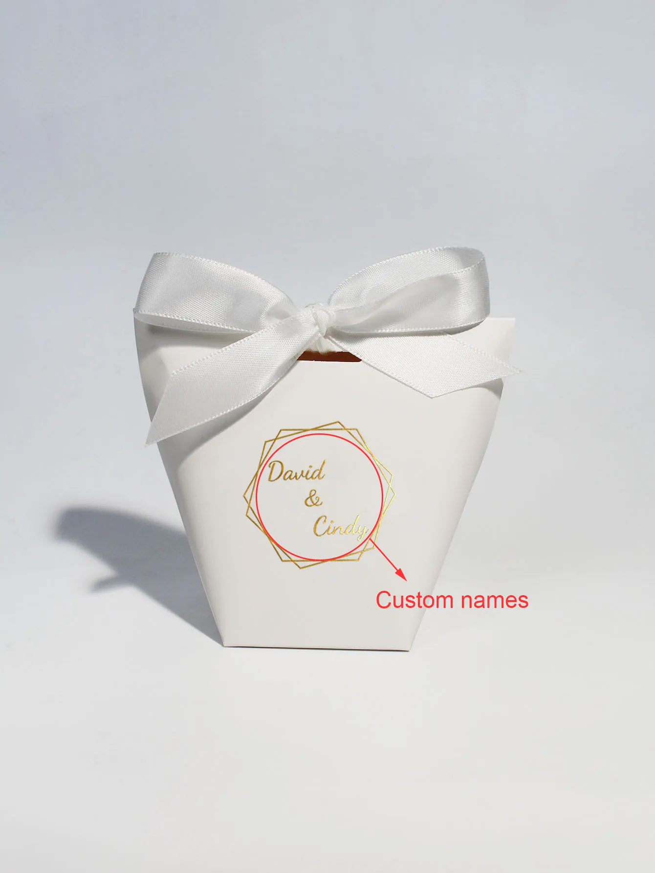 Personalized Mini Gift Boxes with Gold white pink Ribbon, \'David & Cindy\' Custom Name Option, Perfect for Wedding Favors