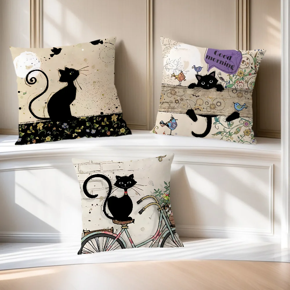 Vintage Cartoon Black Cat Throw Pillow Cover Retro Kitten Bird Bicycle Floral Pattern Cushion Case Decorative Pillowcase For Sof