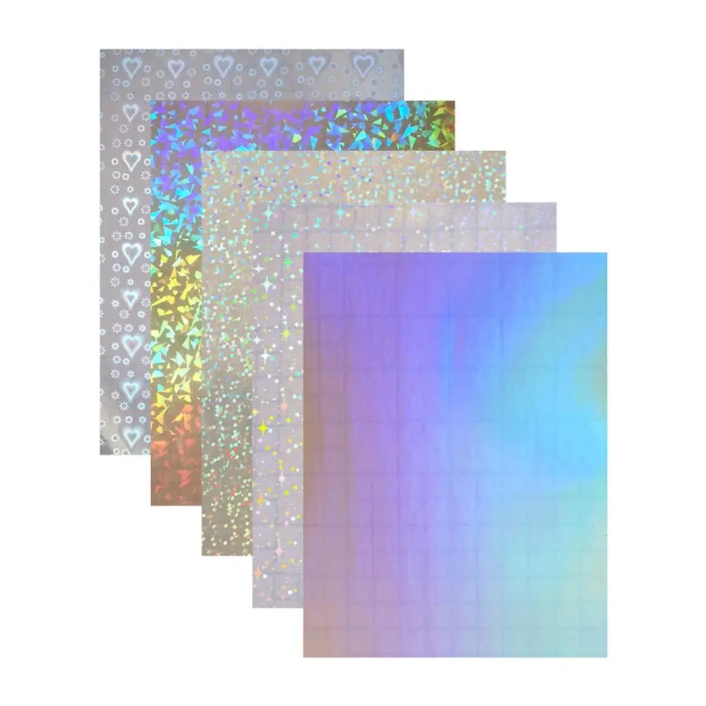5Pcs A4 Holographic Lamination Film Waterproof Transparent Self Adhesive Sticker Sheet Laser Heart Stars Glitter Overlay Film