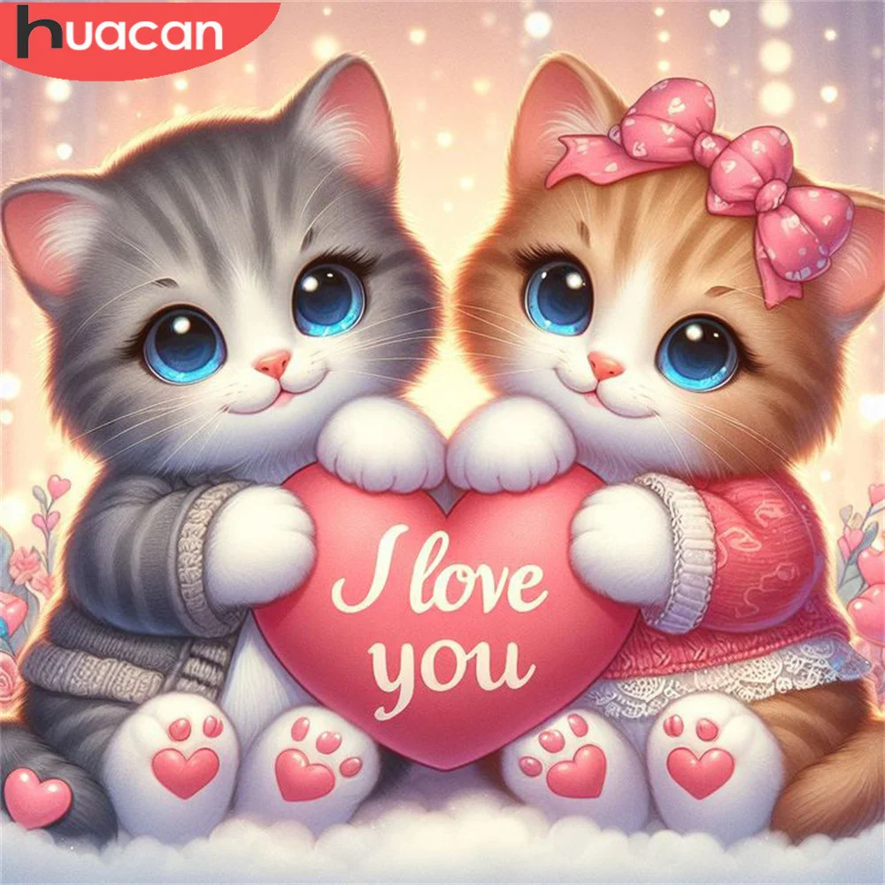 

HUACAN Diamond Painting Animal Handmade Diamond Mosaic Cat Cartoon Full Square Round Drill Love Heart Home Decor Gift