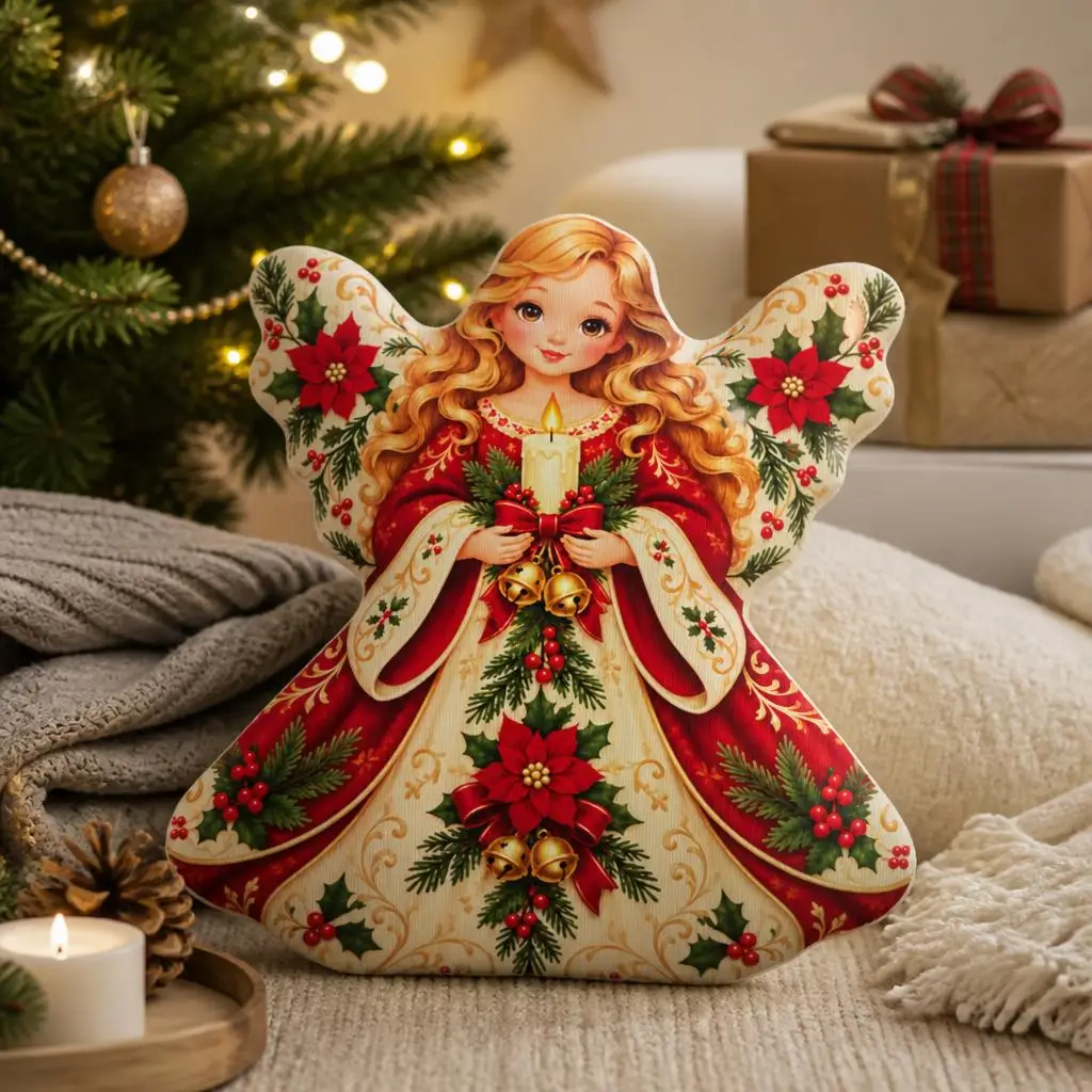 Christmas Angel Shaped Stuffed Throw Pillow with Candle and Bells Holiday Decorative Cushion for Sofa Home Decor Accent Gift