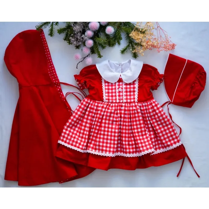 Autumn Bbay Girl Little Red Riding Hood Outfit 3 Pcs Red Plaid Lolita Princess Dress for Newborn Birthday Eid Christmas C369