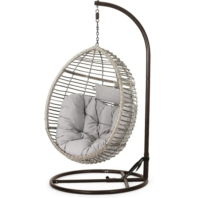 

Leasa Outdoor Wicker Hanging Basket Chair with Water Resistant Cushions and Iron Base, Grey / Black