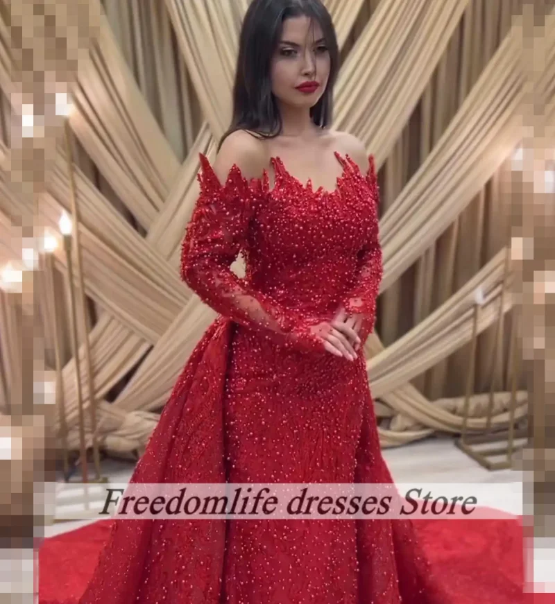

Modest Red Evening Dresses Long Sleeves Pearls Wedding Reception Party Dress For Bride Vestidos Para Fiesta Customized