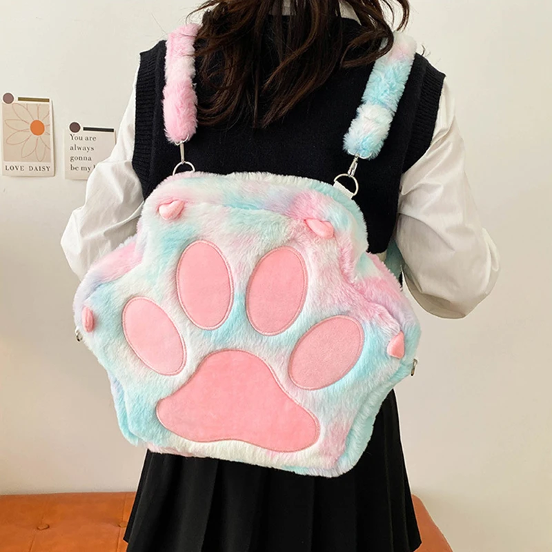 Kawaii Y2K Style Backpack Plush Large Capacity Back Bag Girl\'s School Bag Cartoon Cat\'s claw Bags Gifts For Girlfriend Children