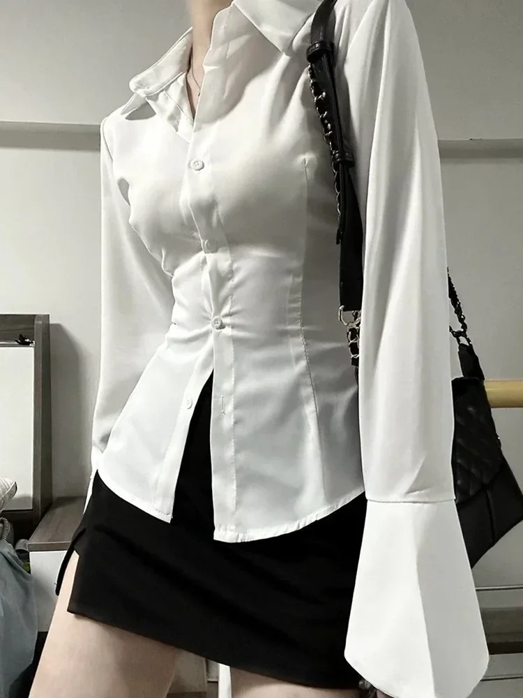 Spring Summer New Sexy Slim Flared Sleeve Women Shirt Solid Lapel Single-breasted Back Bandage Tunic Female Blouses