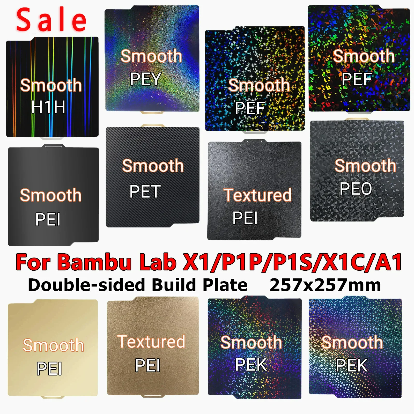 

Строительная пластина 257x257 мм для Bambu Lab X1 P1S C1 PEI PET PEO PEY Текстура листов кровати Двусторонняя пружинная сталь для 3D-принтера Lab P1