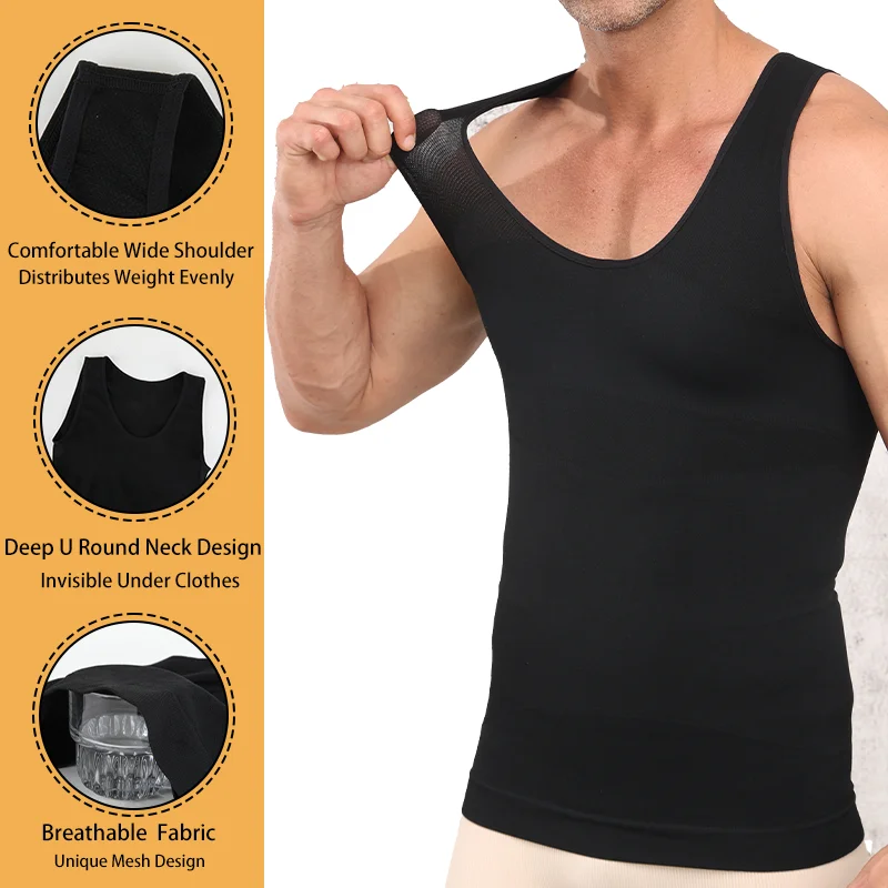 قميص Miss Moly الرجالي المضغوط للتخسيس بدون أكمام ملابس داخلية مثيرة برقبة على شكل حرف U ومدرب خصر بدون أكمام للتحكم في البطن واللياقة البدنية